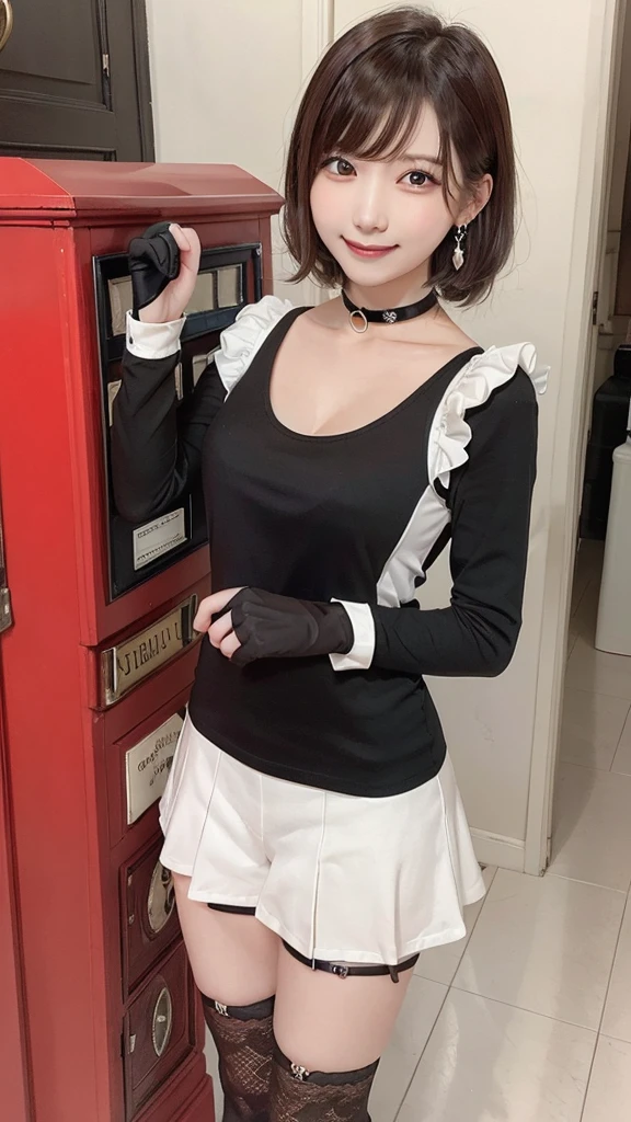 One girl, anime_Coloring, black_eye, black_gloves, brown_hair, choker, Earrings, gloves, jewelry, Letterbox, Parody, short_hair, smile, alone, style_Parody,