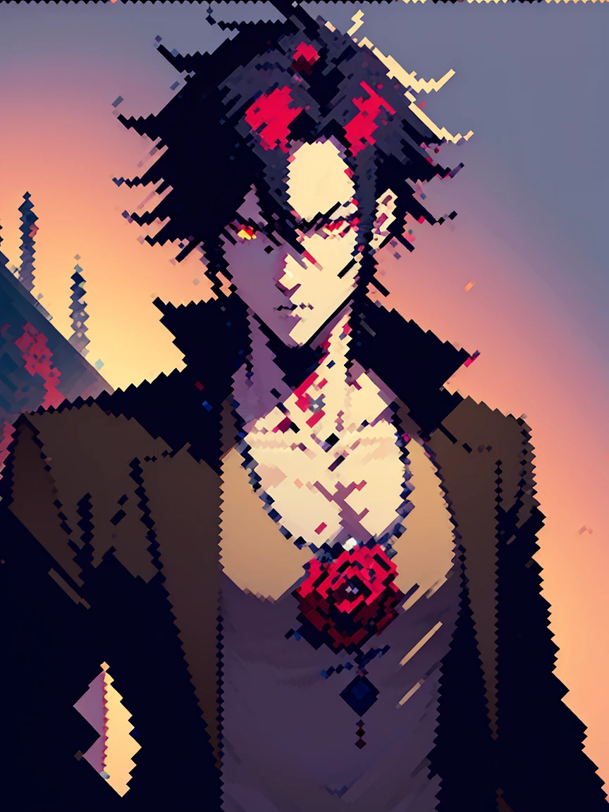 (arte de pixel_1.1) anime - style image of a man in a black jacket, handsome guy in demon slayer art, anime lush john 8k woods, male anime style, handsome japanese demon boy, beautiful androgynous prince, anime handsome man, anime portrait of a handsome man, male anime character, badass anime 8 k, artwork in the style of guweiz, red eyes, mad face, beautiful eye, black hair, tenn boy, one boy, rose tatto on neck, best eyes, qualit eyes, Johnny Depp concept