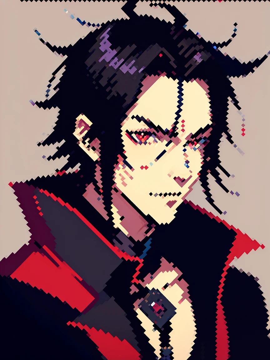 (arte de pixel_1.1) anime - style image of a man in a black jacket, handsome guy in demon slayer art, anime lush john 8k woods, male anime style, handsome japanese demon boy, beautiful androgynous prince, anime handsome man, anime portrait of a handsome man, male anime character, badass anime 8 k, artwork in the style of guweiz, red eyes, mad face, beautiful eye, black hair, tenn boy, one boy, rose tatto on neck, best eyes, qualit eyes, Johnny Depp concept