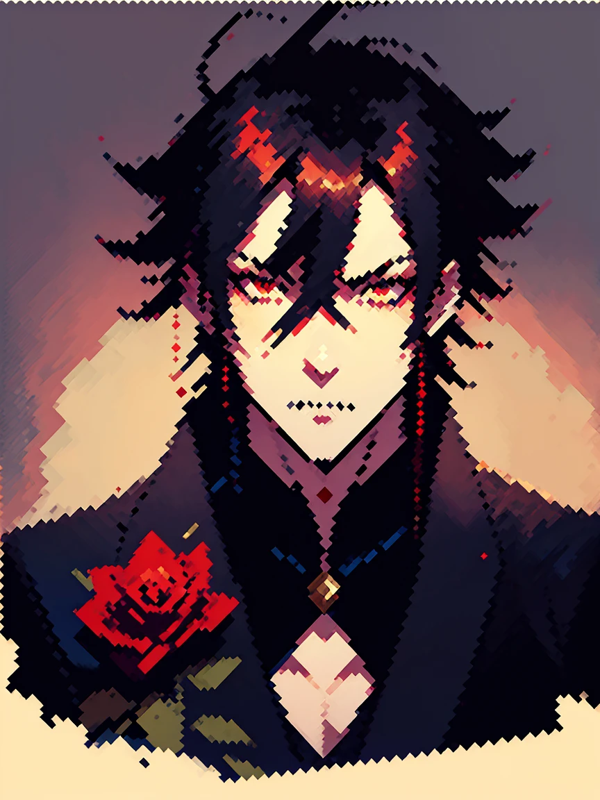 (arte de pixel_1.1) anime - style image of a man in a black jacket, handsome guy in demon slayer art, anime lush john 8k woods, male anime style, handsome japanese demon boy, beautiful androgynous prince, anime handsome man, anime portrait of a handsome man, male anime character, badass anime 8 k, artwork in the style of guweiz, red eyes, mad face, beautiful eye, black hair, tenn boy, one boy, rose tatto on neck, best eyes, qualit eyes, Johnny Depp concept