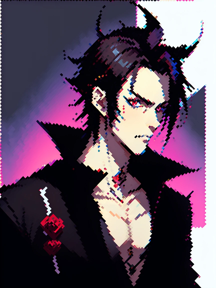 (arte de pixel_1.1) anime - style image of a man in a black jacket, handsome guy in demon slayer art, anime lush john 8k woods, male anime style, handsome japanese demon boy, beautiful androgynous prince, anime handsome man, anime portrait of a handsome man, male anime character, badass anime 8 k, artwork in the style of guweiz, red eyes, mad face, beautiful eye, black hair, tenn boy, one boy, rose tatto on neck, best eyes, qualit eyes, Johnny Depp concept