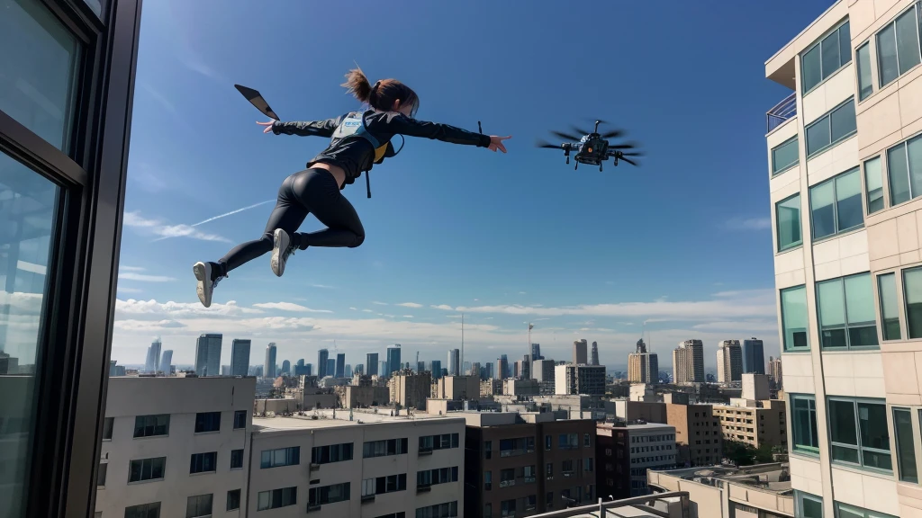 Zoe leaping from her apartment window, activation personal cloaking device, with security drones visible in the background