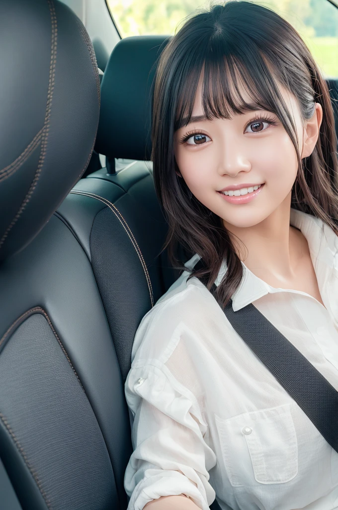 (8k, raw photo, best quality, masterpiece:1.2), (realistic, photo realistic:1.37),perfect anatomy,
Japanese woman,black hair,27 years old,
(slender),
(small breasts best quality),
nsfw,(pubic hair:1.5),(Wearing white panties:1.1),(thick thighs),
cheerful, cheerful grin, (driving a car:1.2), flipped hair, (mini dress:1.3), (in the car:1.2), (full body shot:1.3), dutch angle shot
