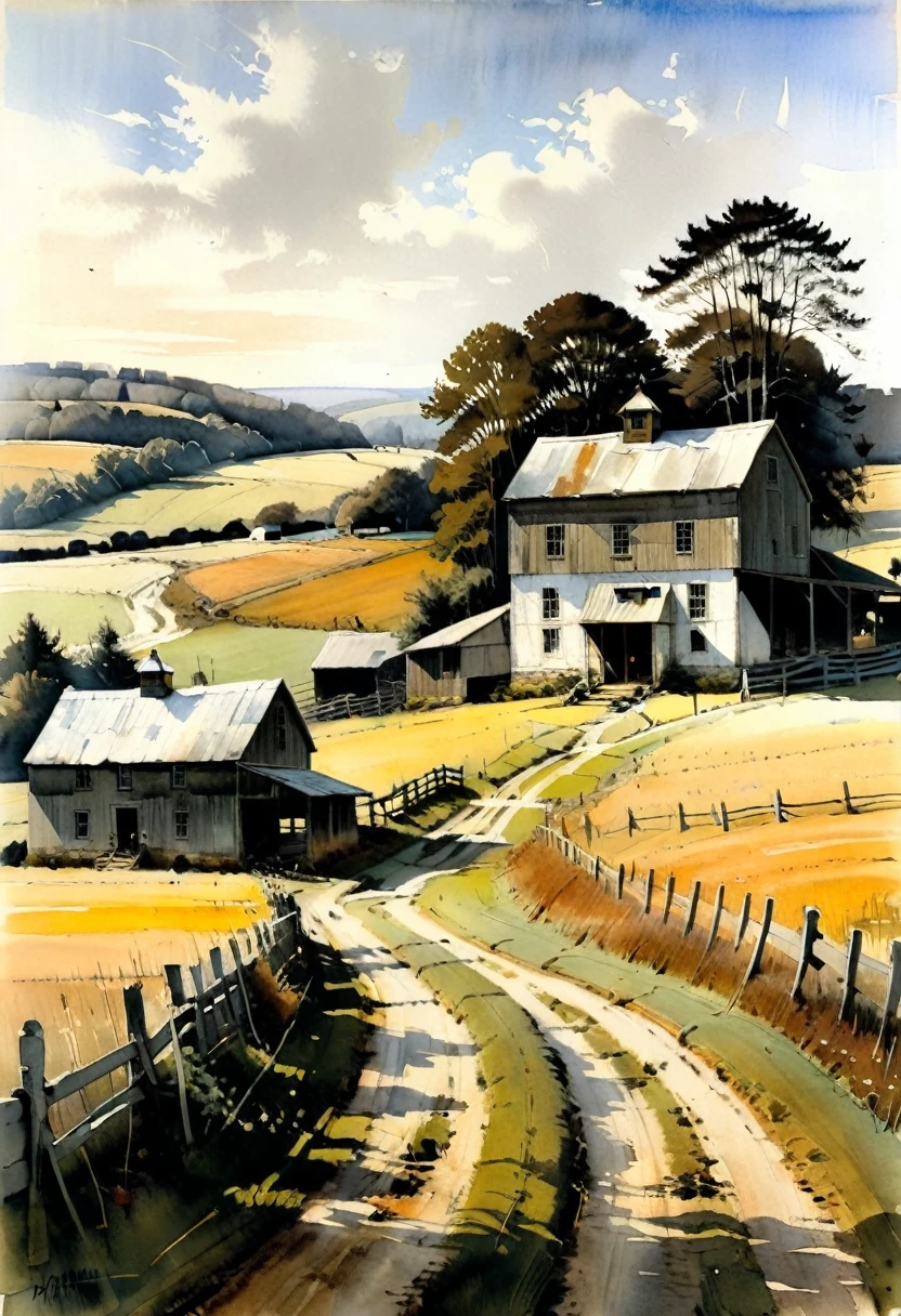 Andrew Wyeth Style - Art by Andrew Wyeth - A serene scene depicting a rural farm morning, with a muted color palette and dry brush technique that creates a sense of calm.
