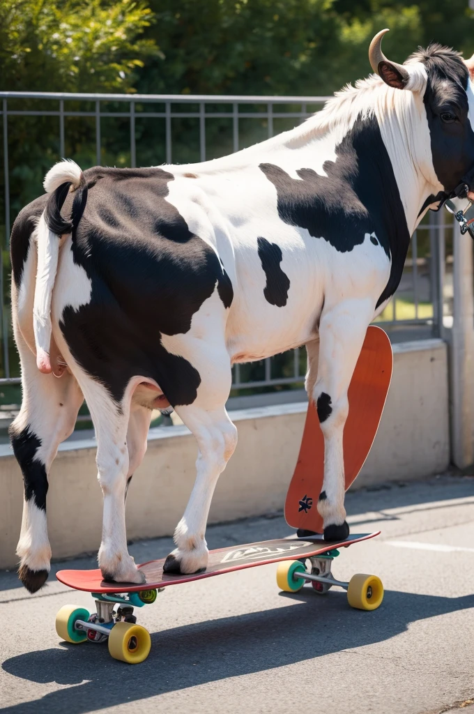 Create a cow riding a skateboard