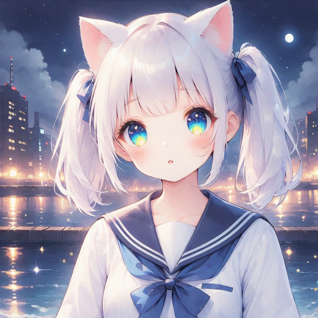 White hair, pigtails, cat ears, sailor uniform, night