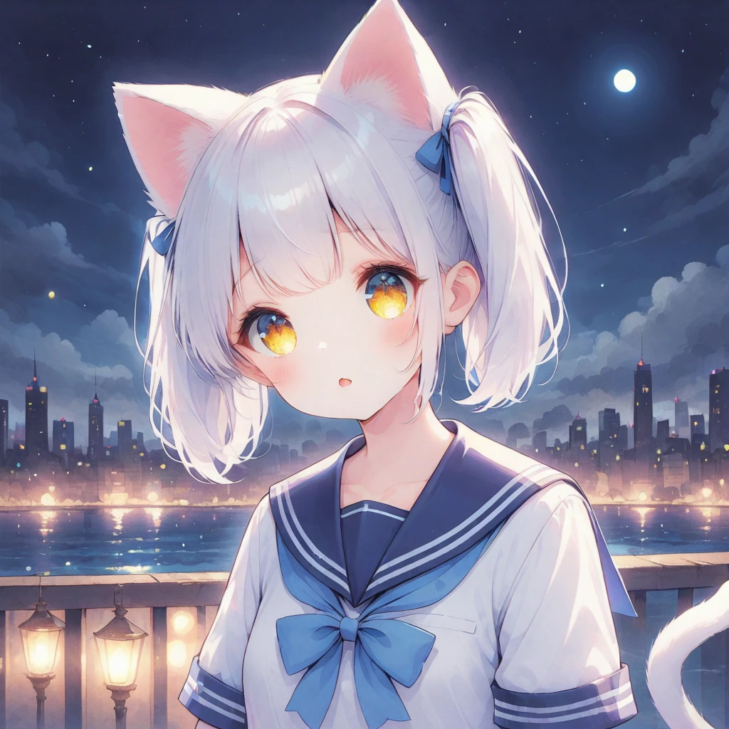 White hair, pigtails, cat ears, sailor uniform, night