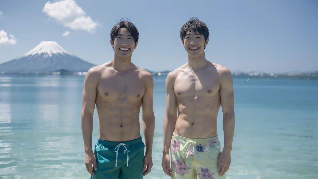 Angle from the front,(only 2 Japanese men facing forward, standing at a distance and facing the viewer:1.6), (2 Smiles:1.4), wearing only swim trunks,