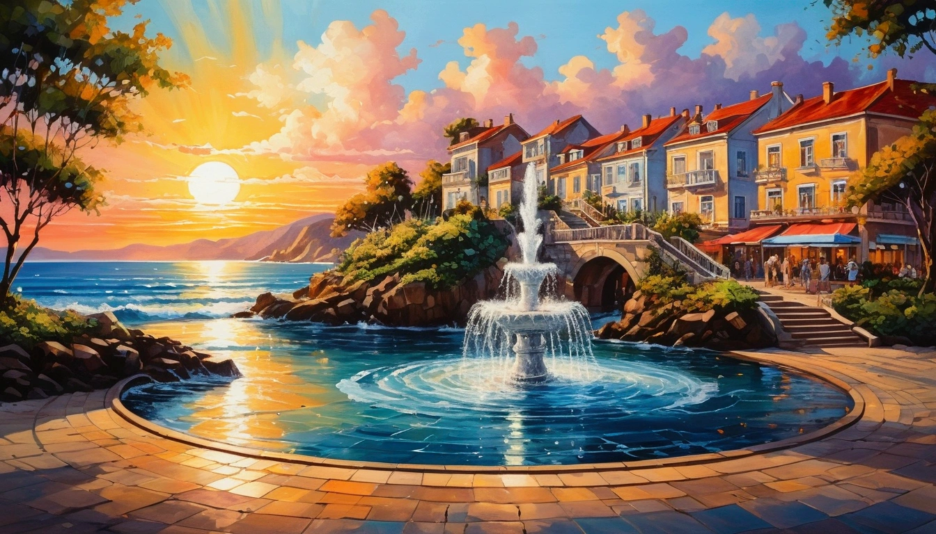 Vibrant ink and luminous oil paintings, In the best style, Seaside town with fountain, Trees, beach, wave, White Water, ocean, Sunset, cloud, Ultra Detailed, light, Long shadows, Saturation contrast