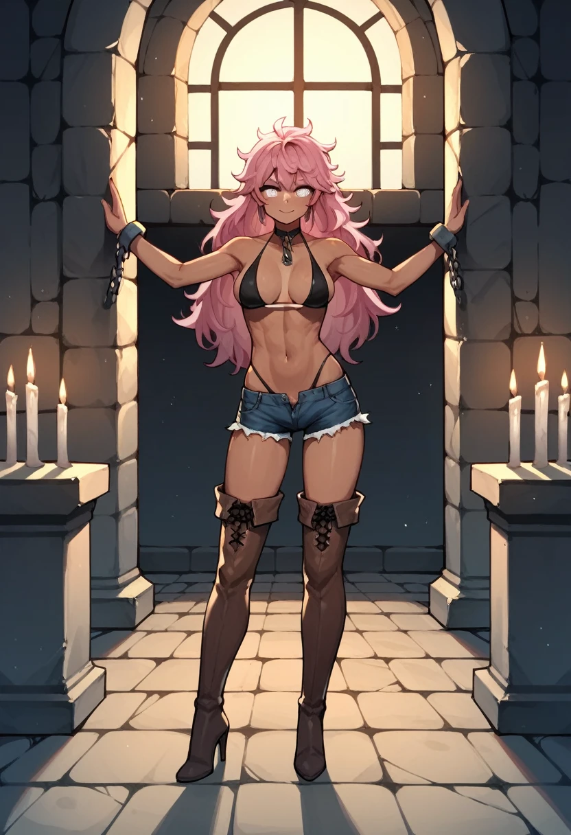 score_9, score_8_up, score_7_up, score_6_up, score_5_up, score_4_up, source_anime, 1woman, tanned skin, worth, full body, pink hair, long hair, white eyes, w-w-chain, handscuffs arms, messy hair, black bikini, shorts, brown thigh high boots, heels, night, candles, dungeon, best quality, best res, 4K UHD,