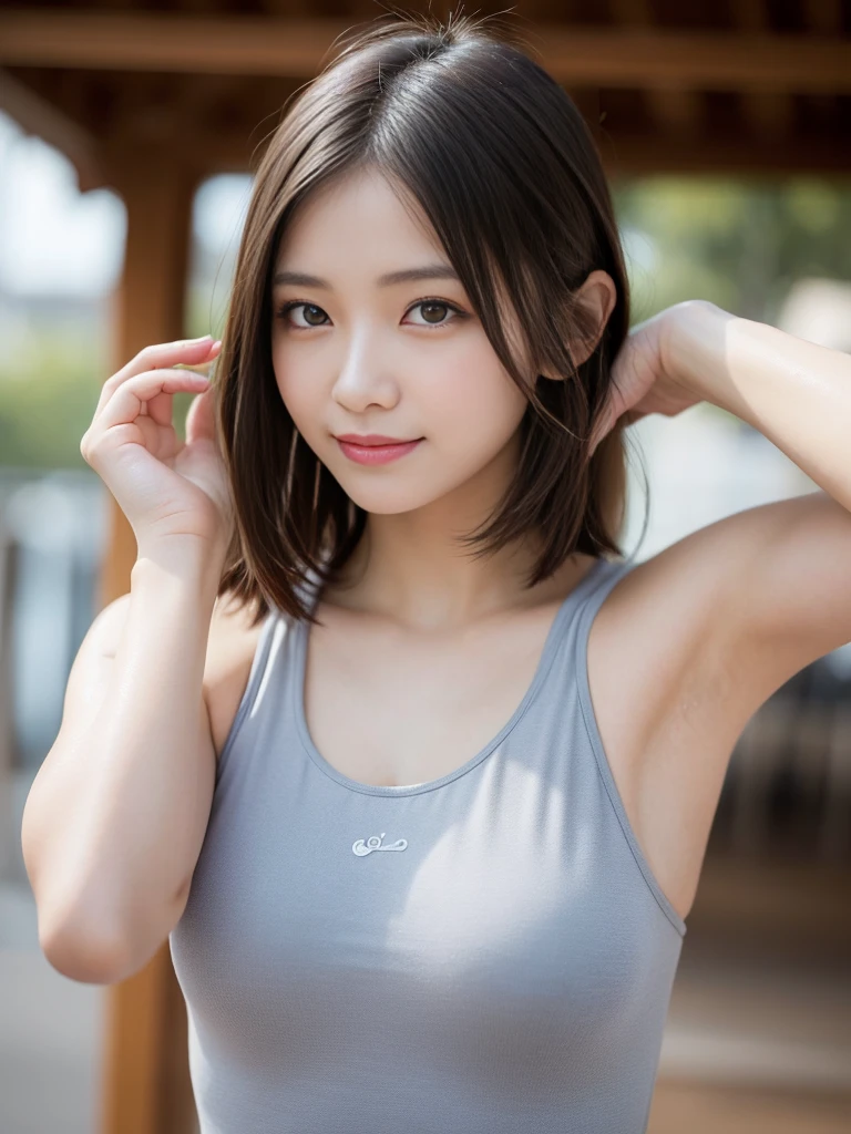 beste Quality, pfotorealistic, 8K, Highres, 1女の子, Ladies, (Skindentation), (portrait:0.6), gorgeou, ((white background, Sports Tank Top, small  breasts:1.72)), ((short straight hair, partedbangs:1.7)), watch the viewer, (1女の子の目を見る視聴者:1.6), pfotorealistic, (bokeh), (Sorrisos, mouth closed:1.3), gorgeou, pureerosface_v1:1,Sorrisos、