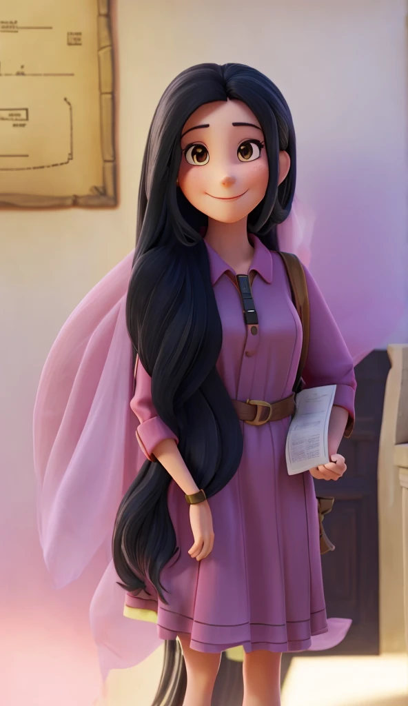 A woman with long black hair is smiling at the camera, wearing a pink dress and holding a yellow tag on her lanyard. She stands in front of a wall that has what appears to be an old document or manuscript displayed on it.