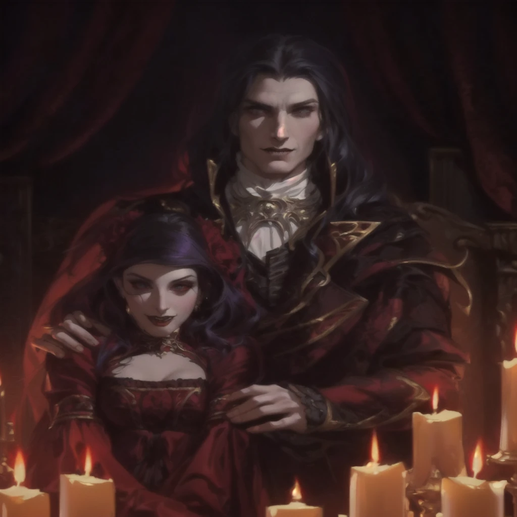 a painting of a man and woman standing in front of candles, abaddon and magali villeneuve, carmilla vampire, dark fantasy style art, victorian vampire, tom bagshaw donato giancola, gothic fantasy art, vampire portrait, vampires fantasy, goth family, darius zawadzki and tom bagshaw, castelvania, dark fantasy artwork