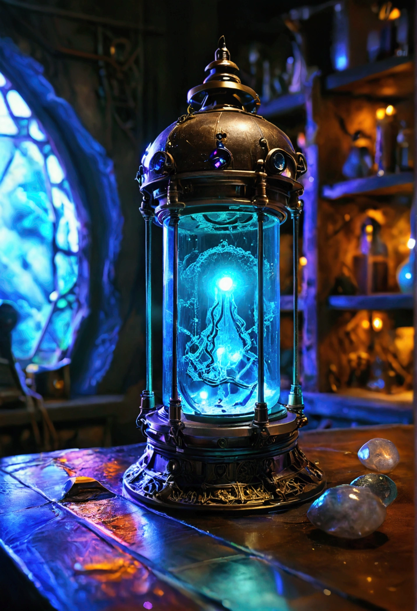 a secret alchemy laboratory with a glowing blue human capsule in the center