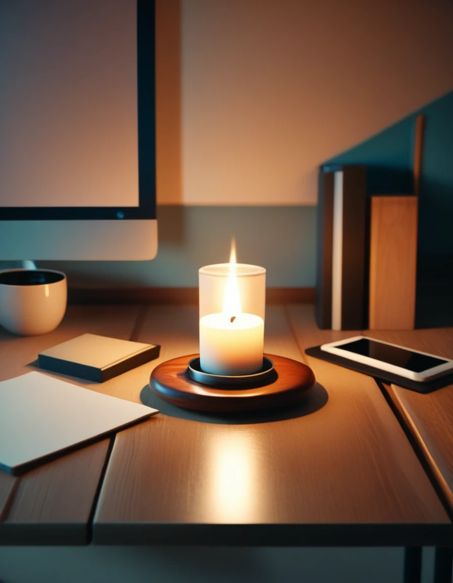 candle on desk, top pov, cinematic, wooden desk