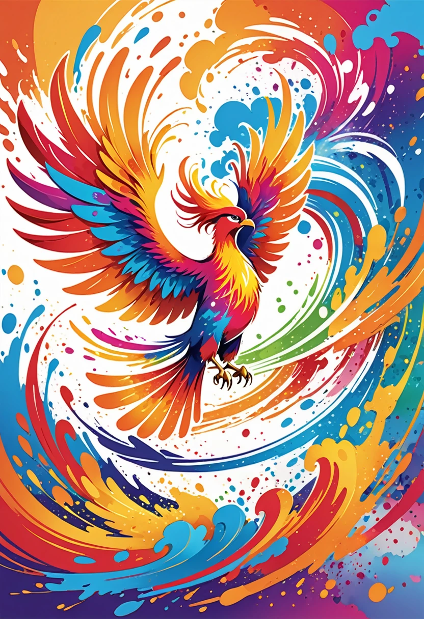 vectorial art, With colorful illustration of Phoenix, At the center, swirly vibrant colors, paint splashes and smears, high détail,Hawaiian style background
