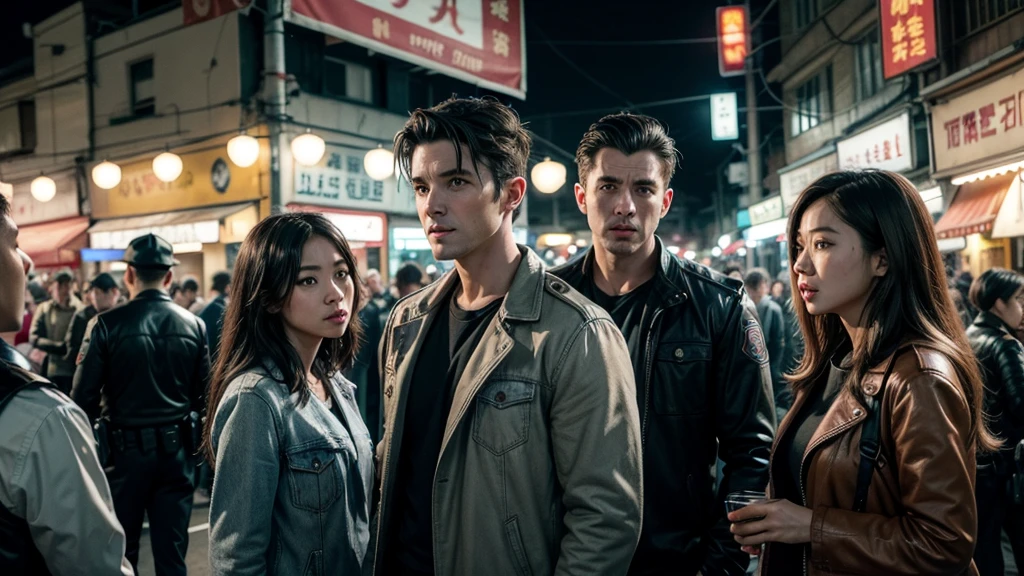 Detective Marcus Ryder and two officers meeting Zoe Chen in a chaotic night market, people around them starting to panic