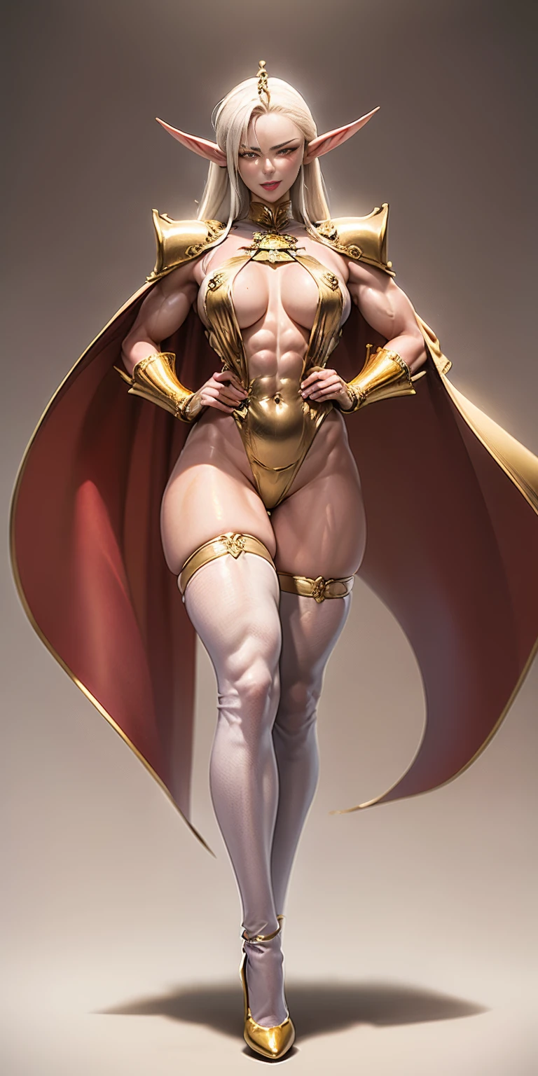 (masterpiece, plain background:1.2) 1sologirl tall and slim thick, extremely long hair, ponytail, perfect ??????? ((muscular)) high elf toned body, slender abs, hourglass waist, detailed face, defined cheekbones, puffy lips, shadow over eyes, looking at viewer, white thigh highs lingerie, ??????? smirking smile face red blushed red cheeks, 2 high heels feet together, golden ?????? plate, golden cape, golden gauntlets, gold crown