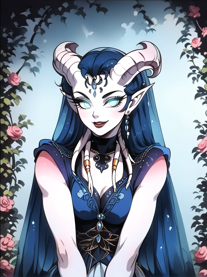 score_9,score_8_up,score_7_up,score_6_up,score_5_up,score_4_up,(a female draenei bent over, looking at viewer, smiling) (elegant, majestic, beautiful, stunning) (wearing a beautiful gown) long curved horns,outline,(watercolor portrait) clear eyes,glowing eyes,upper body,colorful,clear lineart,sharp,flat color,2d,