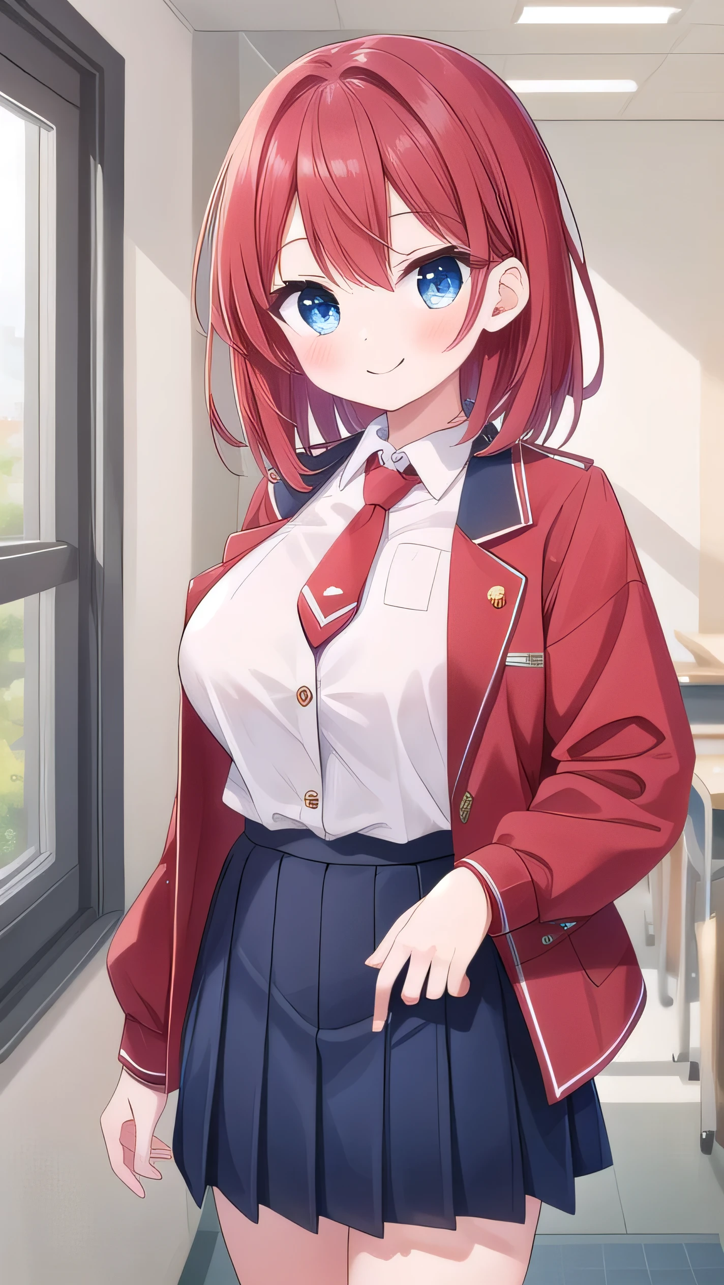 Big breasts, red hair, blue eyes, droopy eyes, red jacket, long sleeves, (navy skirt:1), elementary school student, (super big breasts:1.2), (medium hair: 1.2), baggy clothes, elementary school student, young face, short height, 10 years old, old, shy A shy guy, smiling a little, trying to open the buttons of his shirt, white shirt, red tie，(straight hair:1.2) , gentle smile, a little smile