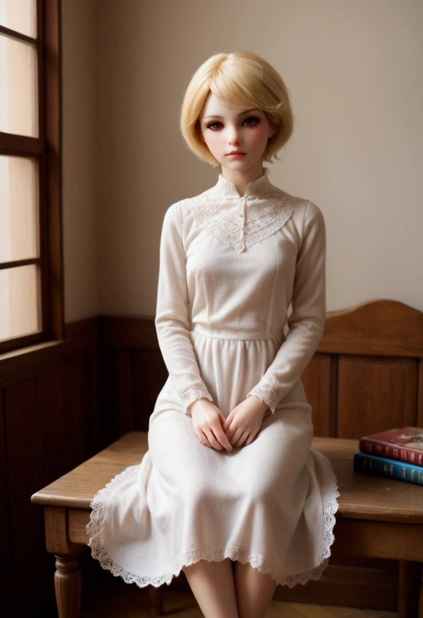 on one side, Upper part of the body, bjd, doll joints, doll joints, bjd hecho de cerámica vidriada de color blanco puro., electric propulsion, A fantastic and aesthetic image., Large golden glass eyes half closed., urban style pure white very short hair, a thin and haggard face, face without makeup, The articulated doll is modeled after an 18-year-old woman., European characteristics, transparent silk dress, thin limbs, beautiful detailed face, sitting on a wooden chair, old european houses, interior, Beautiful artwork, High Definition, 4k, 8k,