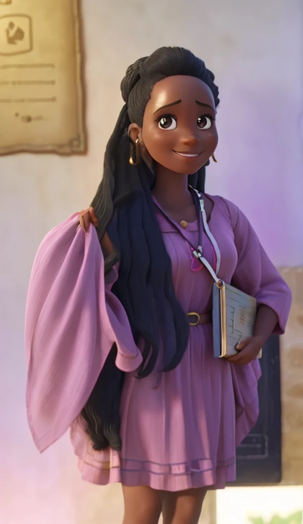 AN AFRO WOMAN!. A woman with long black hair is smiling at the camera, wearing a pink dress and holding a yellow tag on her lanyard. She stands in front of a wall that has what appears to be an old document or manuscript displayed on it.