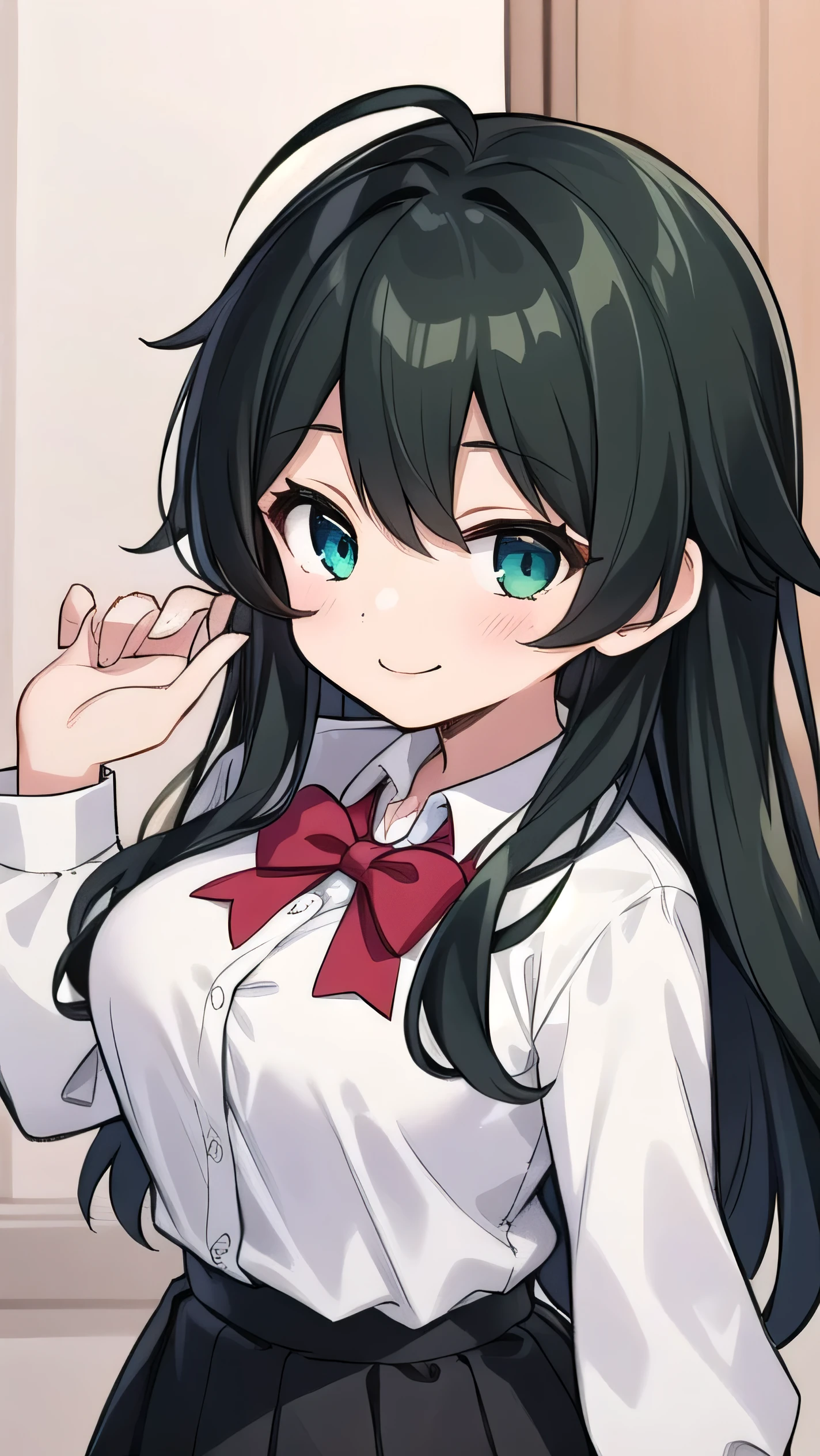 high schoolooks like an elementary school st short, 140 cm tall, black slight green tinge, short ahoge, beautiful long hair but with a little hair sticking out, beautiful round eyes, blue eyes, smile, boyish, long sleeves, Thick clothes, skirt, big breasts, hair longer than waist, long hair, childish face, gentle smile, a little shy, black skirt, black hair with a slight green tinge, boyish, gentle smile, jacket one size larger, ( Deep greenish black hair: 1.3)