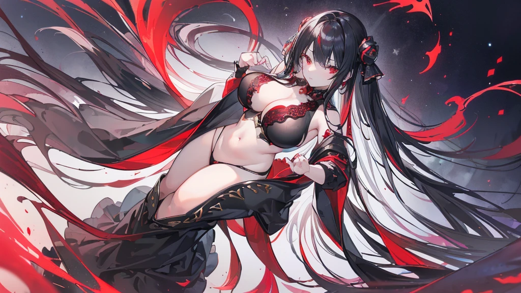 (Exquisite eyes),(Clear and beautiful eyes:1.61),masterpiece, 1 young girl,(Black clothes and some red gems), Black long hair, (She has a huge red gem on her chest), Good Hand,((The Havoc of StarCraft)),full-body shot,Fighting Stance,(Red Eyes:1.466),short and small,(Very big breasts:1.35),(Pretty Face),(full-body shot:1.33),Beautiful hands