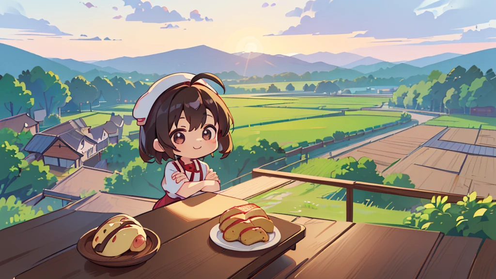 (((masutepiece))), Best Quality, Extremely detailed, (Chef Costume:1.2), (Chef's Hat), (((girl)), (((Solo))), Happy, ((Full body)), Ahoge, (((Deformed))), (((Chibi Character))), ((crossed arms))), (((standing))), (((cooking)), ((many food)), (( food on table)), (((standing in front of the table))), panoramic country background, ((country background behind the table)), ((( country background))), (((overview))), (((Perspective)))