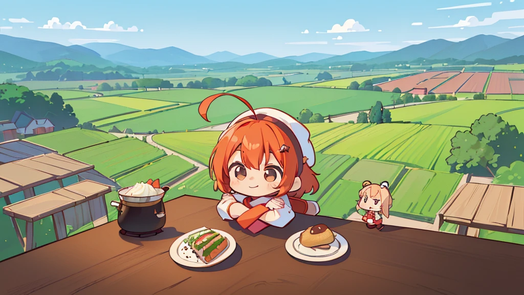 (((masutepiece))), Best Quality, Extremely detailed, (Chef Costume:1.2), (Chef's Hat), (((girl)), (((Solo))), Happy, ((Full body)), Ahoge, (((Deformed))), (((Chibi Character))), ((crossed arms))), (((standing))), (((cooking)), ((many food)), (( food on table)), (((standing in front of the table))), panoramic country background, ((country background behind the table)), ((( country background))), (((overview))), (((Perspective)))