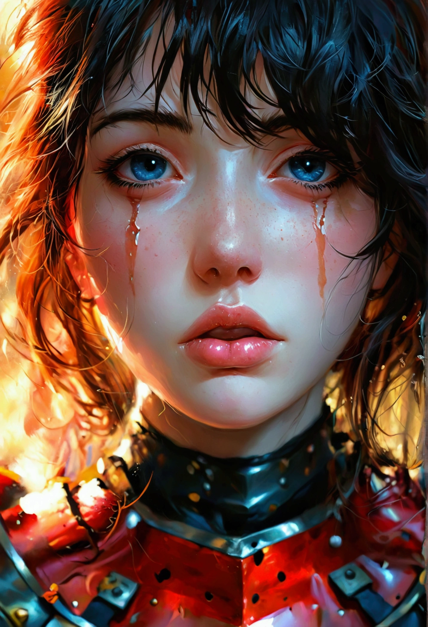 {best quality}, {very aesthetic}, {ultra-detailed}, {best illustration}, nsfw, girl, ((man, penis, fellatio, irrumatio, sobbing)), tears, open one eye wide, close another eye , drool,(((Semen on face))),(Showing nipples)、((Painful face))、Red cheeks、((Tear bags、(armor)))、((Put your arms behind your head))、Small breasts