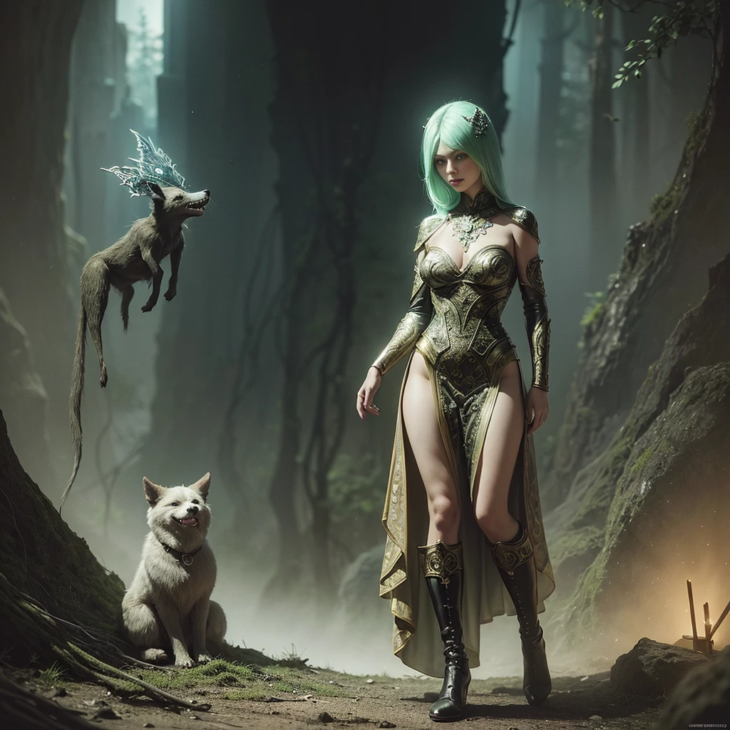 Anthropomorphic rotgrün Biolumineszierende meerket Erdmännchen with dog playing with light and walking modestly with sassy expressions,
bright boots,
expressive round eyes,
Nicola Samori style meets pin-up art,
textured ethereal backdrop complements thin necks and full figures,
complex detailing,
contrasting colors,
intricate patterns for depth,
enhanced by backlighting,
fine ink rendering,
dry watercolor effects,
sharp contours,
surreal digital painting.,
sf,
intricate artwork masterpiece,
ominous,
matte painting movie poster,
golden ratio,
trending on cgsociety,
intricate,
epic,
trending on artstation,
by artgerm,
h. r. giger and beksinski,
highly detailed,
vibrant,
production