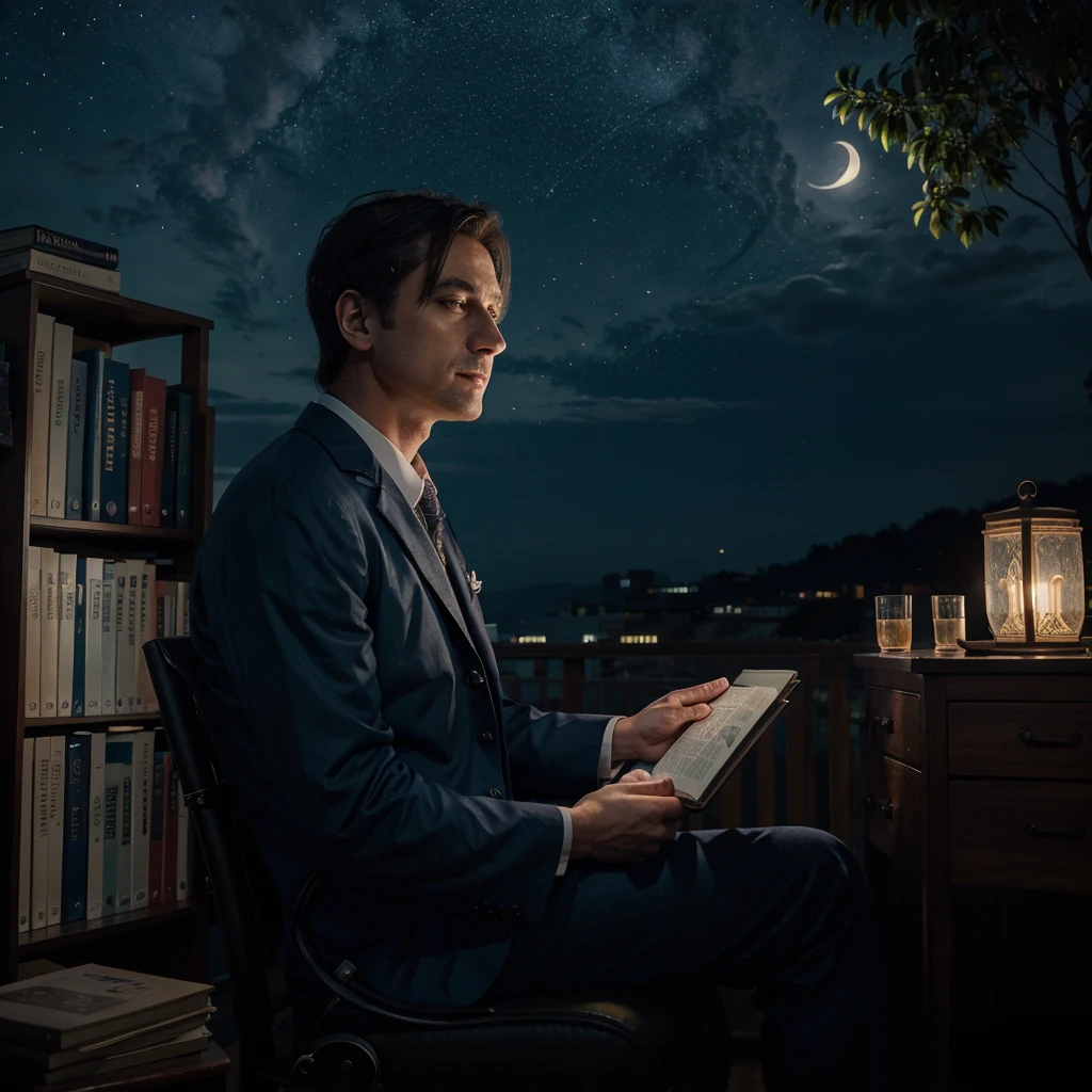 Doctor reading books and listening to music while watching a starry sky with a moon