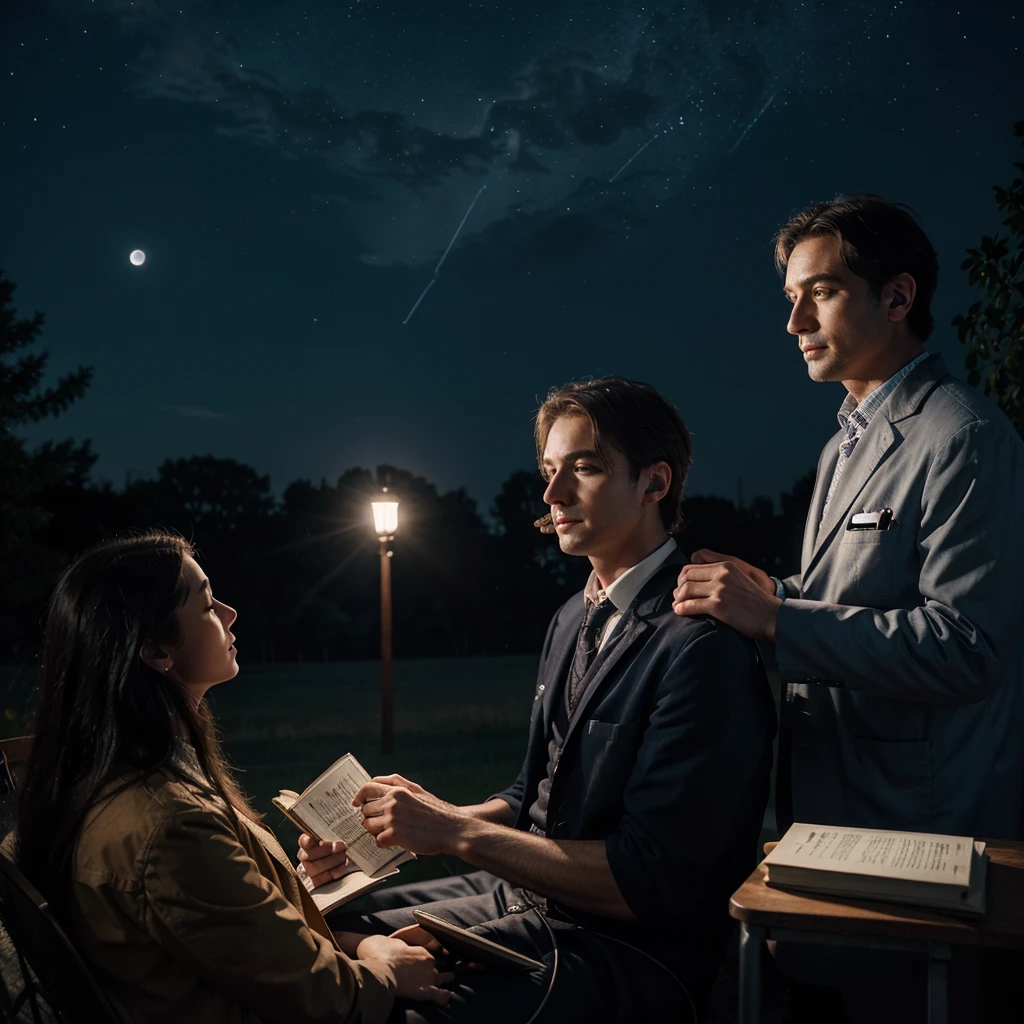 Doctor reading books and listening to music while watching a starry sky with a moon
