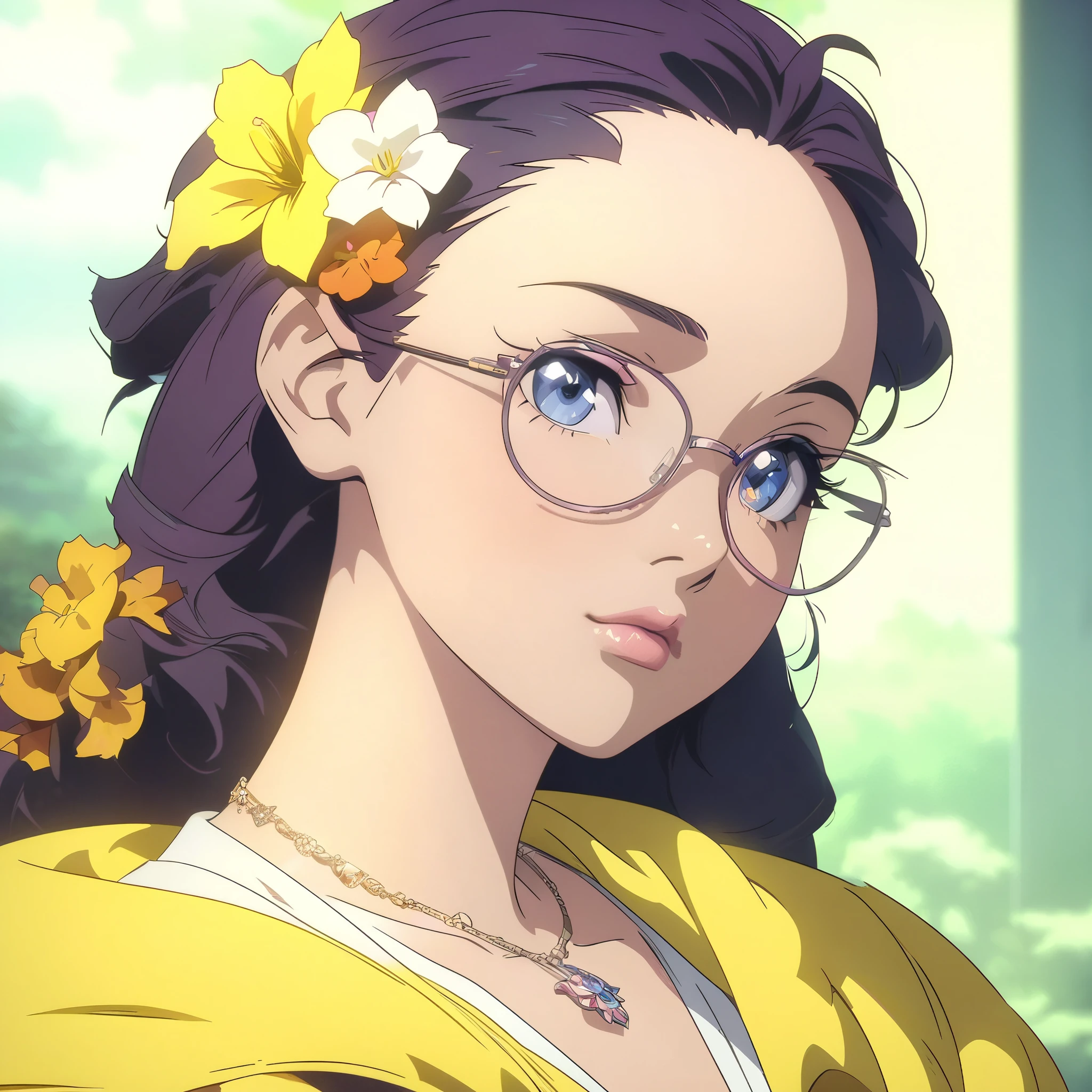 anime girl with glasses and a necklace with a flower in her hair, detailed digital anime art, artwork in the style of guweiz, anime style 4 k, digital anime illustration, anime moe artstyle, anime style portrait, detailed portrait of anime girl, beautiful anime portrait, anime style. 8k, digital anime art, guweiz