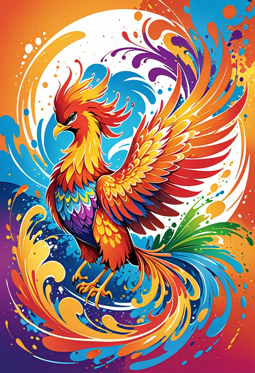 vectorial art, With colorful illustration of Phoenix, At the center, swirly vibrant colors, paint splashes and smears, high détail,Hawaiian style background