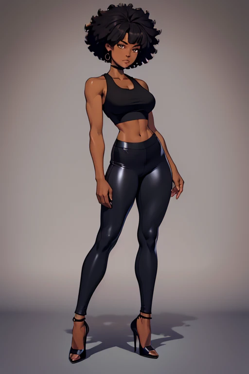 afro american girl, dark skin, behind view, afro haircut, 1 girl, solo, (black leggins) (crop tank top), high heel shoes, sleveless, wide hips