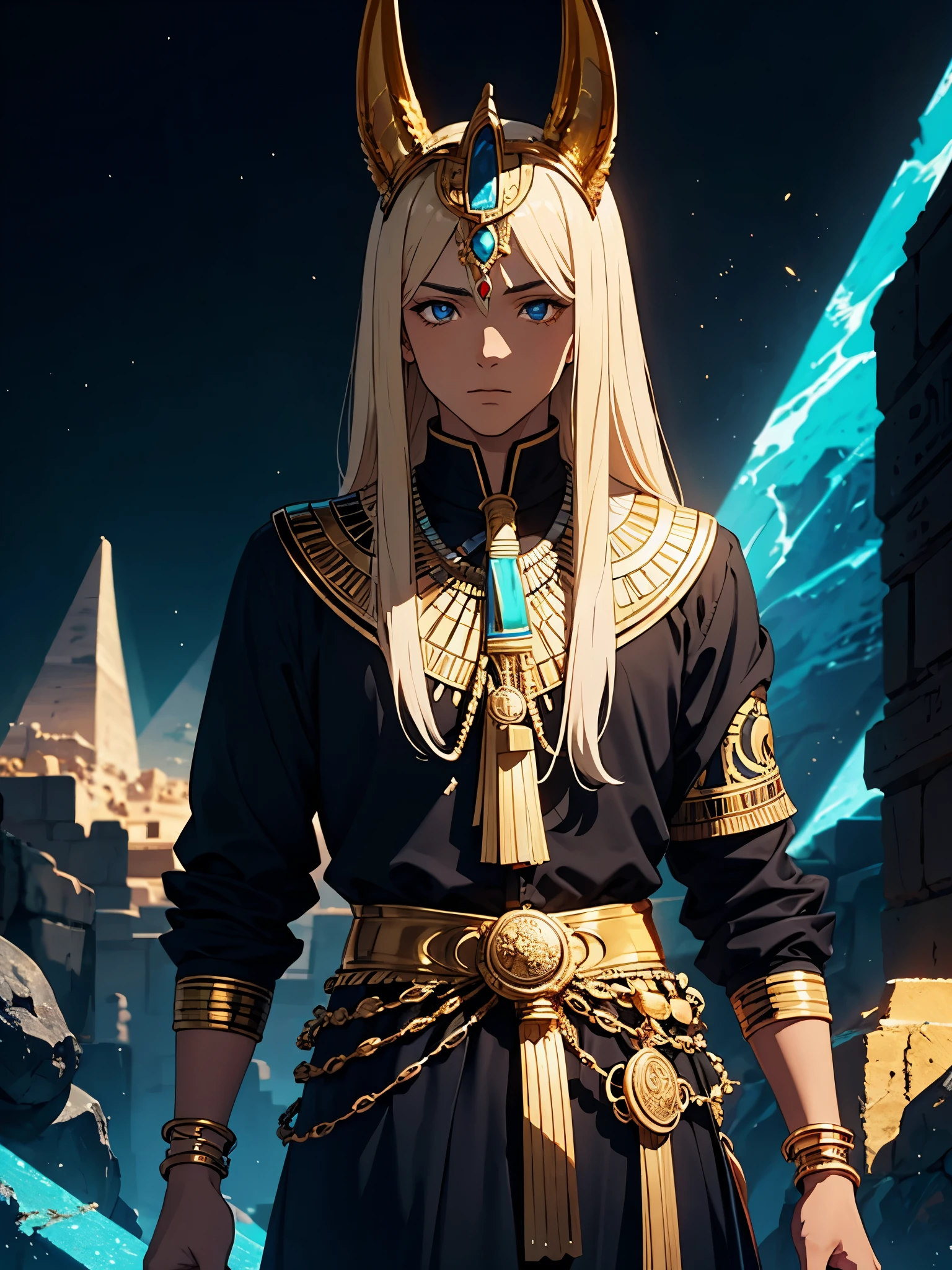 Junge. Mann. Männlich. Männlicher. Other headdresses. More anime. boy. Egyptian deity Anubis. Egyptian clothing. long blond hair. Lots of gold jewelry. dark skin. Egyptian. dazzling blue eyes. mystical. divine.