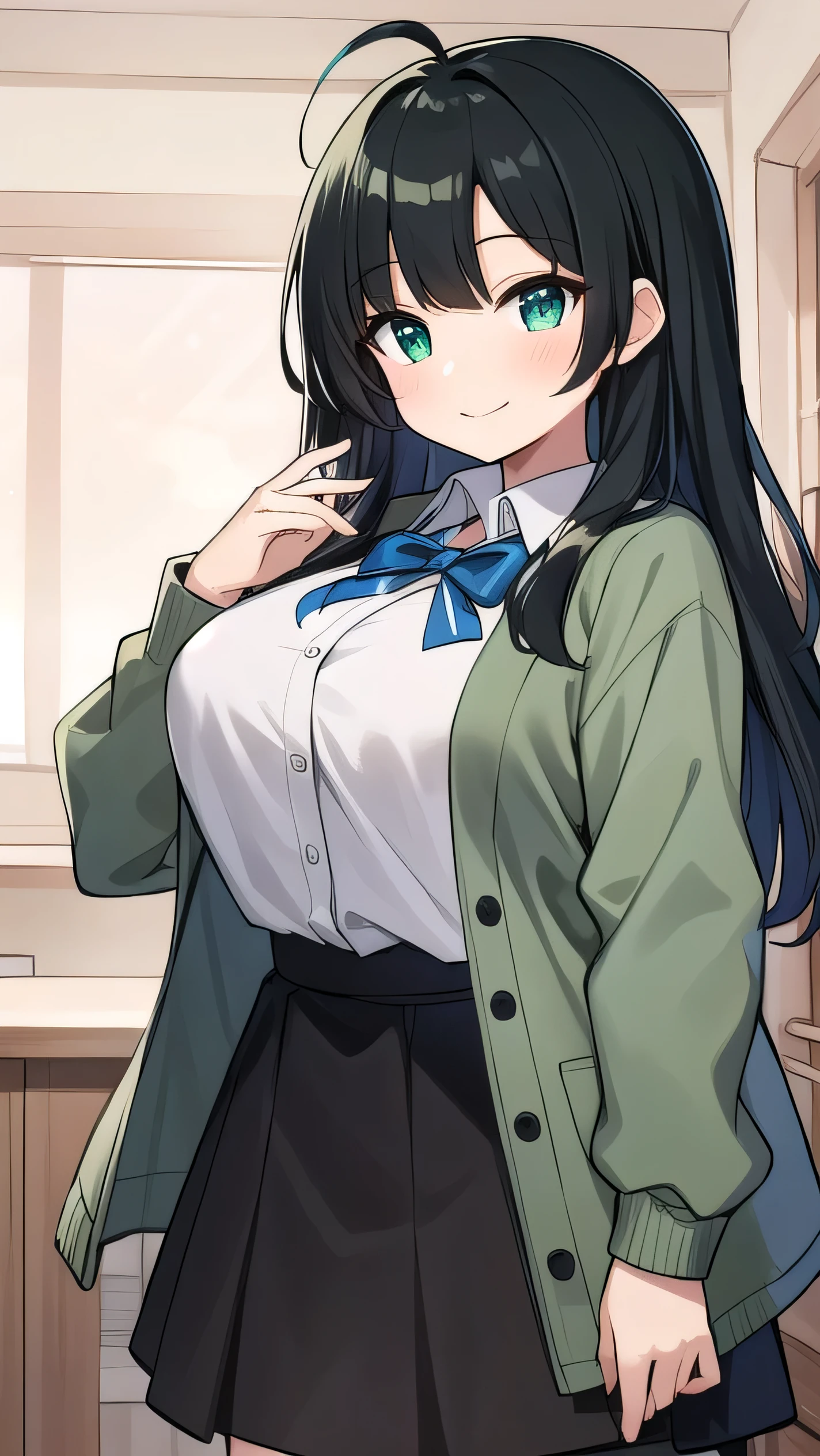 Junior high school student who looks like an elementary school student, 14 years old, very short, 140 cm tall, black hair with a slight green tinge, short ahoge, beautiful long hair but with a little hair sticking out, beautiful round eyes, blue eyes, smile, boyish, long sleeves, Thick clothes, skirt, big breasts, hair longer than waist, long hair, childish face, gentle smile, a little shy, black skirt, black hair with a slight green tinge, boyish, gentle smile, jacket one size larger, ( Deep greenish black hair: 1.3)