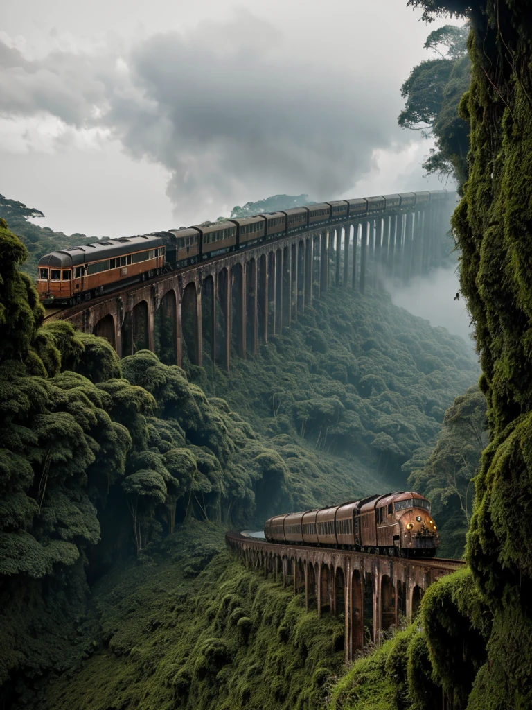 (RAW PHOTO), The rusted long train with the skull of a lion, in the Amazon jungle, on the highest cliff, Moss, fog, details, hyper-realistic, 16k