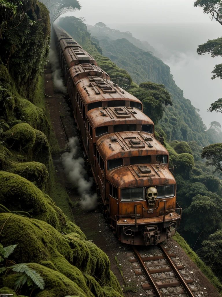 (RAW PHOTO), The rusted long train with the skull of a lion, in the Amazon jungle, on the highest cliff, Moss, fog, details, hyper-realistic, 16k