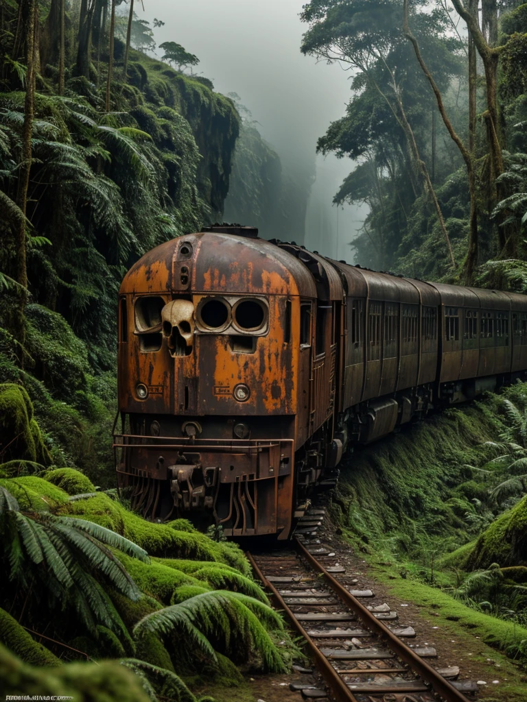 (RAW PHOTO), The rusted long train with the skull of a lion, in the Amazon jungle, on the highest cliff, Moss, fog, details, hyper-realistic, 16k
