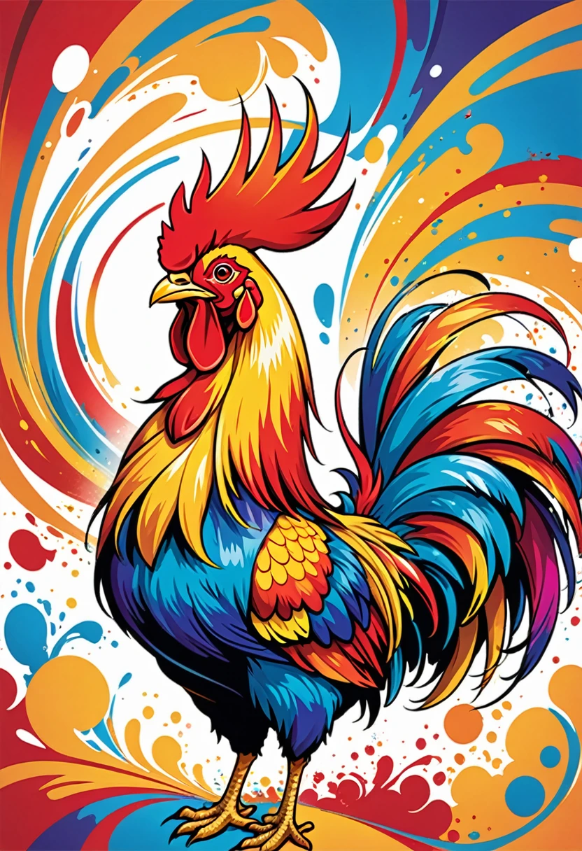 vectorial art, With colorful illustration of the Barcelona rooster in the center, swirly vibrant colors, paint splashes and smears, high détail,Hawaiian style background
