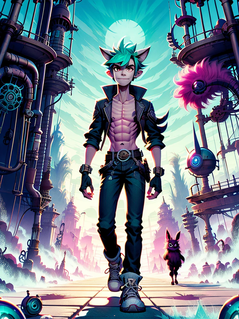 full body view of creature, humanoid, teal fur, gigantic round auricle, pink eyes, anorexic, wearing pants, shirtless, antenna on jaw, walking, in sunny abandoned city