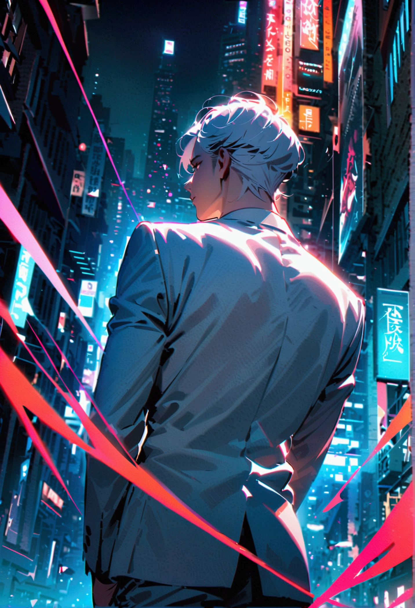 A white-haired man in a white suit turns his back on the city at night.