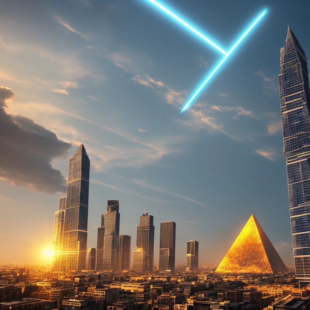 A futuristic background of a golden glass pyramid with laser beams leads to a hyper-realistic scific city with huge skyscrapers. The hyper resolution of the background is 4k and has an aspect ratio of 16:9.golden pyramid, masterpiece, anatomically correct, super detail, high quality, best quality, 8k, 16k, high details