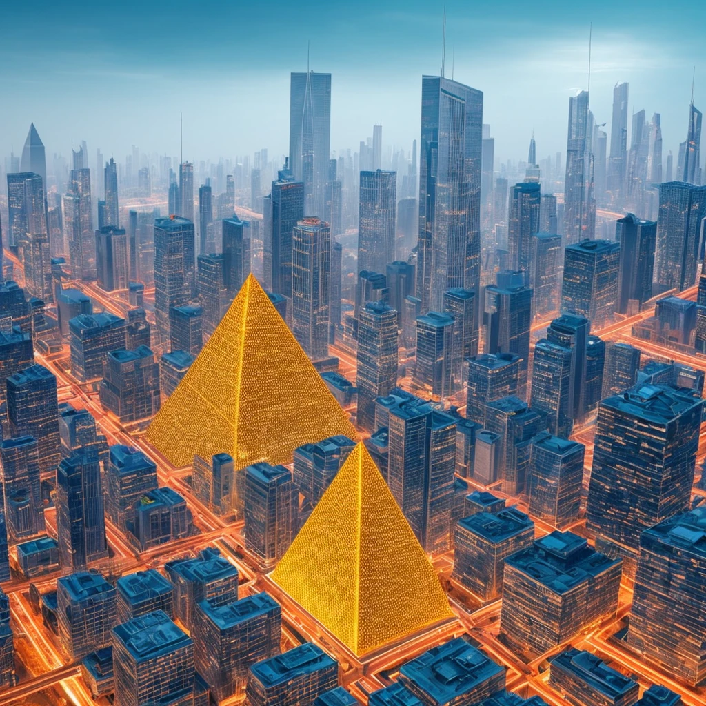 A futuristic background of a golden glass pyramid with laser beams leads to a hyper-realistic scific city with huge skyscrapers. The hyper resolution of the background is 4k and has an aspect ratio of 16:9.golden pyramid, masterpiece, anatomically correct, super detail, high quality, best quality, 8k, 16k, high details