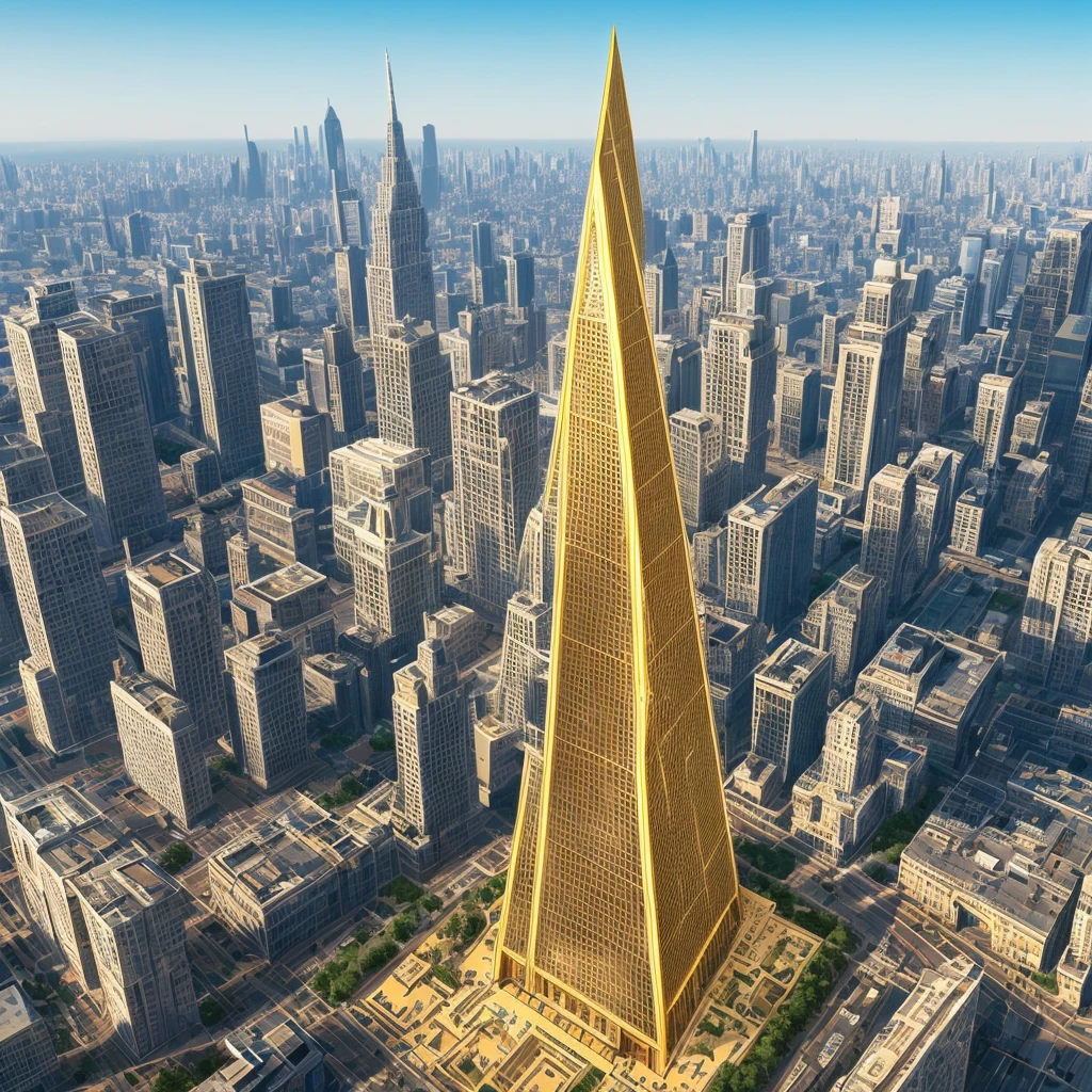 A futuristic background of a golden glass pyramid with laser beams leads to a hyper-realistic scific city with huge skyscrapers. The hyper resolution of the background is 4k and has an aspect ratio of 16:9.golden pyramid, masterpiece, anatomically correct, super detail, high quality, best quality, 8k, 16k, high details