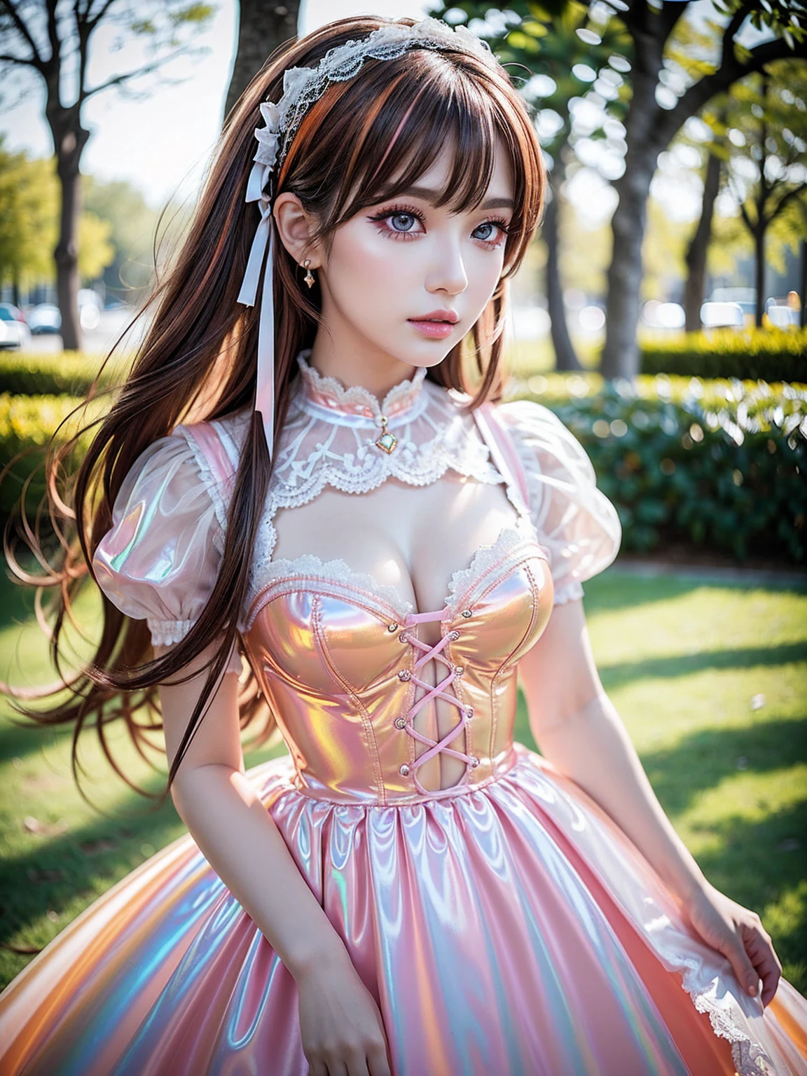 photorealistic Realism Quality 16K resolution,(ultra detailed eyes), finely detailed face, ((finely quality eyes)), (tired and sleepy and satisfied:0.0), there a close up of a woman's, (super detailed makeup on eyes:1.2), with professional makeup, vibrant eyes:1.2, ((face closeup:1.25)), (detailed lips:1.33)、(Detailed nose:1.2)、pink_makeup:1.3, beautiful cheekbones, dramatic lighting, ((perfect composition)), ((pale skin)), ((dry skin)), sexy stylish Swedish model, only 1 female, (doll-like appearance), long pink stylish hair, ((sexy Punk ta cosplay)), unconventional skirt, petticoats, high neckline, (ultra details lace), (ultra details embroidery), extremely detailed workmanship, transparent PVC in the shade of ORANGE (Super Shiny ORANGE Transparent Holographic Full Bodysuit: 1.3), exceptionally fitting bodysuit with super reflective surfaces, cinematic light, detailed background of a large park with trees
