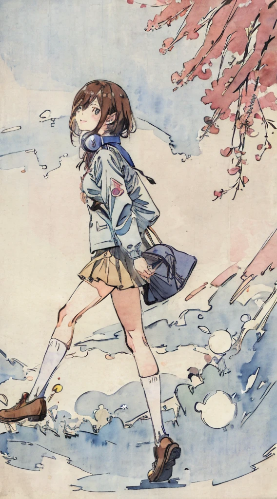 school classrooms、Watercolor style、Pale colors、hand painted style,  student、hi-school girl、School route、carrying a schoolbag、Walking Girl Japan、posterior view、Looks Back、high-school uniform、A smile、frontage、The upper part of the body、pink red Brown hair、short-hair、cowboy  shot, miku nakano